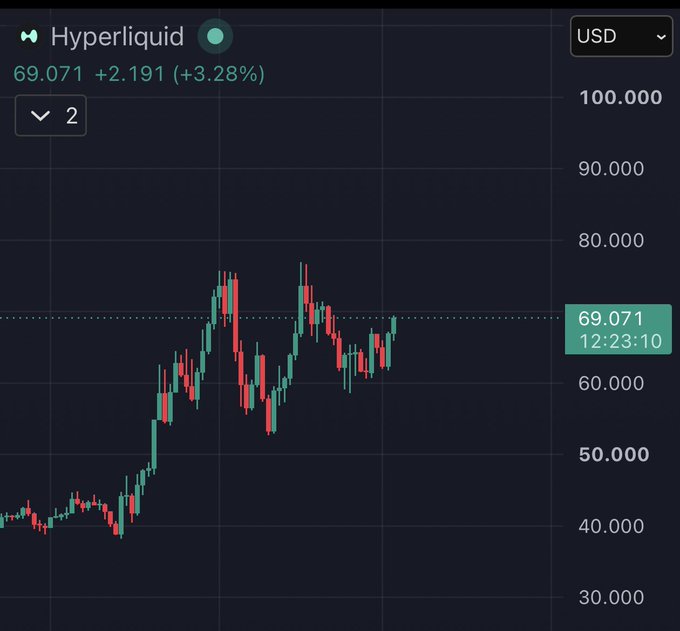 Trading chart of Hyperliquid (HYPE) showing a current price of $69.071, up 2.191 (+3.28%) with candlestick price action displayed in USD.