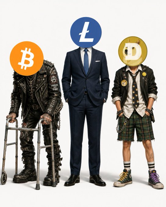 Three figures stand side by side in contrasting styles—a heavy metal biker, a classic businessman, and a punk youth—with the heads of each replaced by cryptocurrency logos: Bitcoin (orange ₿), Litecoin (blue Ł), and Dogecoin (gold Ð), symbolizing unity across different subcultures under the shared "Much Love. Much Fam." sentiment.