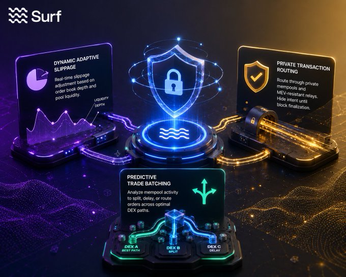 A digital infographic for 'Surf' showcasing features like 'Dynamic Adaptive Slippage', 'Private Transaction Routing', and 'Predictive Trade Matching' with glowing shield and circuit motifs.