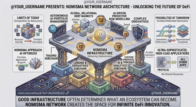 A technical diagram titled 'NOMISMA NETWORK ARCHITECTURE - UNLOCKING THE FUTURE OF DeFi' showing complex infrastructure elements like the Trading Subchain, Lending & Derivatives Subchain, and AI-Driven Predictive Risk Modeling, referencing nomisma.network?ref=4439ddb368.