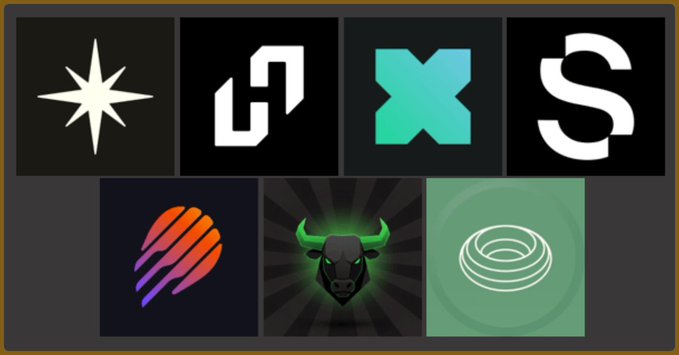A collection of seven digital icons and logos on a dark background, including a star, geometric shapes, a teal 'X', an 'S', a red meteor-like shape, a green bull head, and concentric circles.