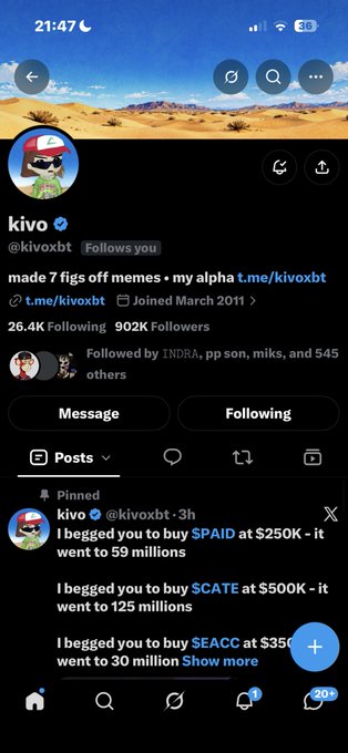 X (Twitter) profile for 'kivo' (@kivoxbt), a verified account with 26.4K following and 902K followers, displaying a pinned post discussing token calls including $PAID, $CATE, and $EACC.