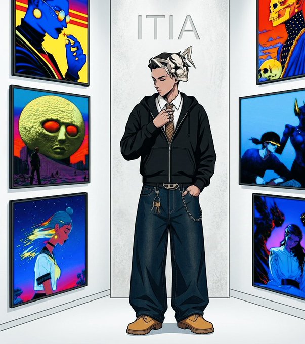The image features a man wearing a tie, standing in front of several paintings that are displayed on the wall. The man appears to be dressed in blue jeans and a black jacket. The paintings include various styles and colors, creating an artistic atmosphere around him. The caption above the painting reads "Top of the morning chads Nfts is the new meta and ITIA is taking the lead!". This suggests that the man might be a fan or artist of the displayed artwork, or he could be attending an event related to art appreciation or promotion for the featured artists.