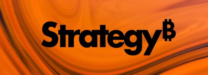 The image displays the "Strategy" logo with a Bitcoin "₿" symbol in place of the final letter, set against an orange marbled background. This represents Strategy (formerly MicroStrategy, ticker $MSTR), the company known for holding the largest corporate Bitcoin treasury, directly aligning with the post's bullish thesis on Bitcoin adoption and $MSTR as an investment opportunity.
