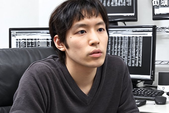 A young man with dark hair wearing a brown v-neck shirt sits in front of computer monitors displaying code.