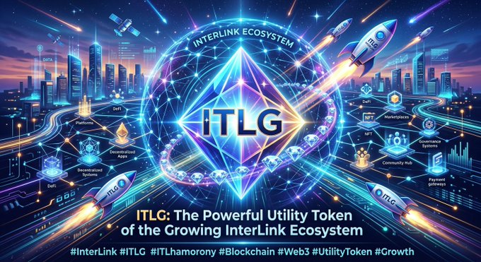 A vibrant promotional graphic for 'ITLG' token, labeled 'ITLG: The Powerful Utility Token of the Growing InterLink Ecosystem,' featuring a futuristic cityscape and rockets.