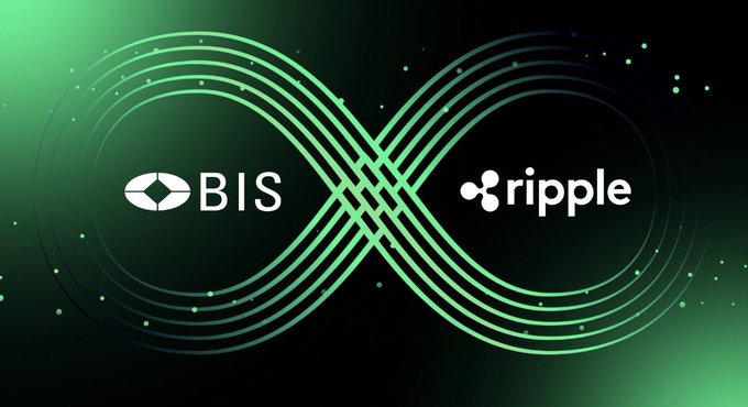 The image displays the BIS and Ripple logos connected by an infinity symbol on a dark green background, visually symbolizing an ongoing partnership or collaboration. However, this graphic does not relate to the accompanying post, which warns against emotional manipulation in crypto trading advice that discourages taking profits.