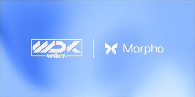 The image features a blue background with white text that reads "WDK_tether" followed by "integrate Morpho via @MORPHO A simple path to embedding onchain yield and crypto-backed loans into any wallet, app or agentic flow". The text is in all capital letters.