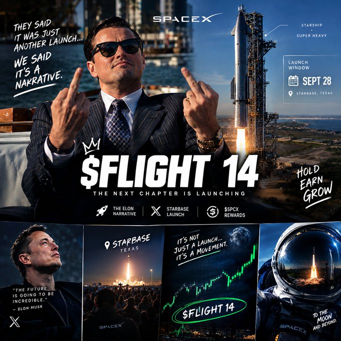 A promotional graphic for SpaceX's '$FLIGHT 14' Starship Super Heavy launch on September 28 at Starbase, Texas, featuring a man in sunglasses pointing upward, a rocket launch image, a stock chart, and slogans including 'The Next Chapter is Launching,' 'Hold Earn Grow,' and 'To the Moon and Beyond.'