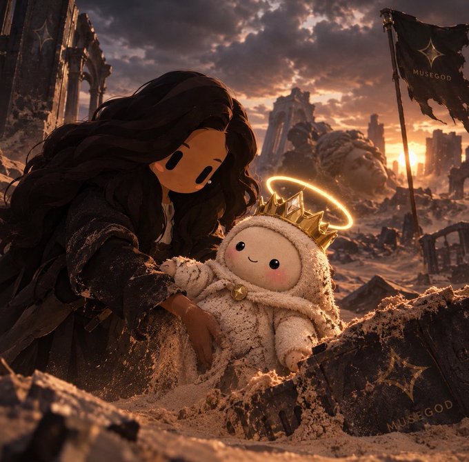 A digital artwork by 'MUSEGOD' depicts a dark-haired figure in tattered black clothing embracing a small crowned figure with a golden halo, set against a desolate, apocalyptic landscape at sunset.