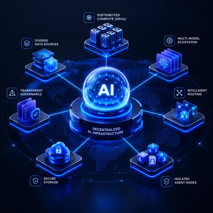 A futuristic infographic illustrating a "DECENTRALIZED AI INFRASTRUCTURE" with a central AI globe connected to surrounding nodes labeled "DISTRIBUTED COMPUTE (GPUs)," "MULTI-MODEL ECOSYSTEM," "INTELLIGENT ROUTING," "ISOLATED AGENT NODES," "SECURE STORAGE," "TRANSPARENT GOVERNANCE," and "DIVERSE DATA SOURCES."