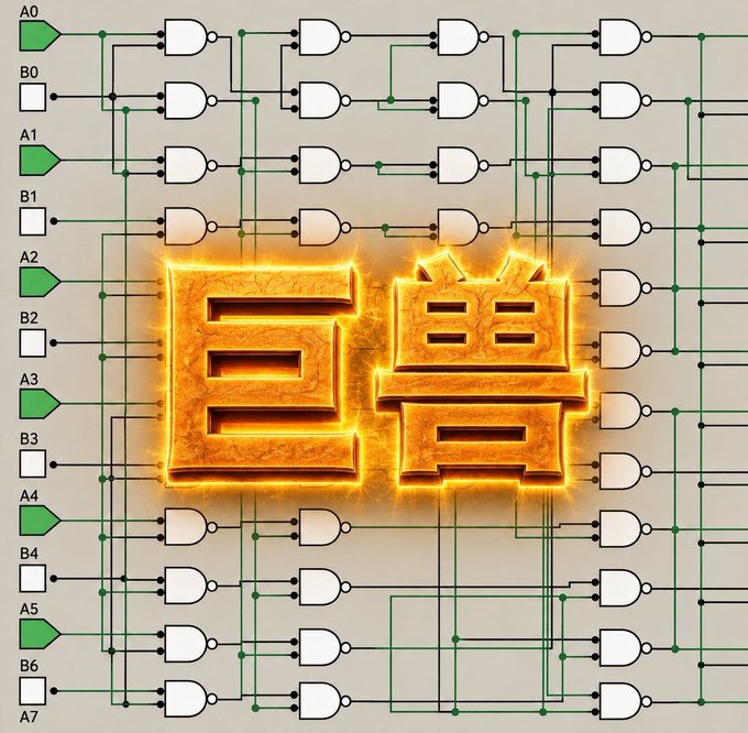A digital logic circuit diagram with AND gates labeled A0-A7 and B0-B6 is overlaid with glowing golden Chinese characters '巨兽' (giant beast).