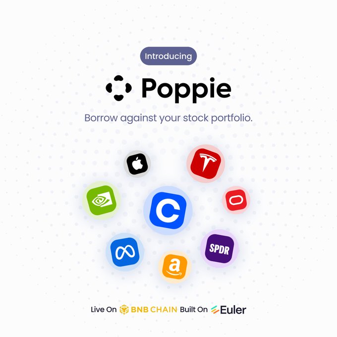 A promotional graphic for 'Poppie' with the tagline 'Borrow against your stock portfolio,' showing icons for Apple, Tesla, NVIDIA, Coinbase, Meta, Amazon, and SPDR, noting it lives on BNB Chain and is built on Euler.