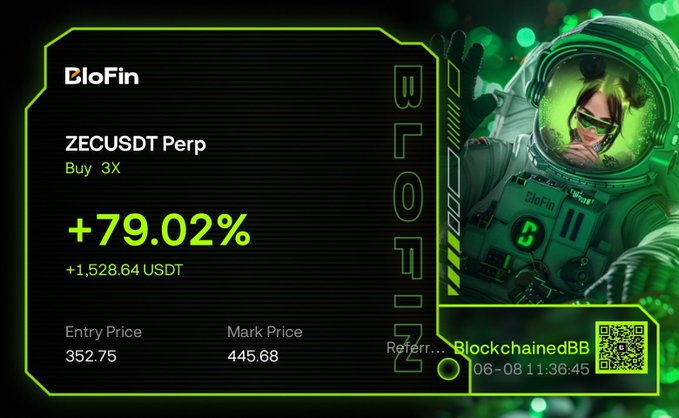 The image depicts an advertisement for Biofin, with a person wearing a spacesuit holding a computer mouse, suggesting that the post is related to cryptocurrency or financial matters. The main text of the post reads: "ZECUSDT PEPBOT buy 3DST + 79.02% +1,528.82USDT mark price: $0.69". This indicates that Biofin is offering a 15.22% return on investment using their own cryptocurrency-related trading strategy for the Bitcoin mining market.