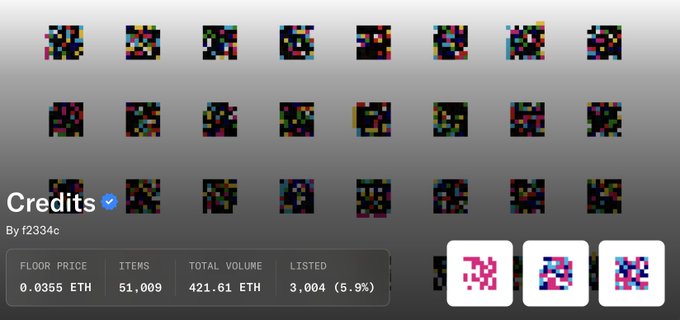 An OpenSea NFT collection page for 'Credits' by f2334c shows a floor price of 0.0355 ETH, 51,009 items, 421.61 ETH total volume, and 3,004 listed.