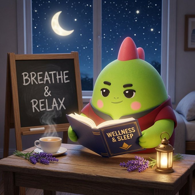 The image features a green character named Sleepagotchi sitting at a table with a book open in front of him. The scene takes place next to a window that overlooks a crescent moon and stars, creating a serene atmosphere. There is also a cup of coffee on the table, suggesting that Sleepagotchi might be enjoying a relaxing moment while reading his book. The image seems to be promoting the idea of relaxation and self-care through the character's actions.