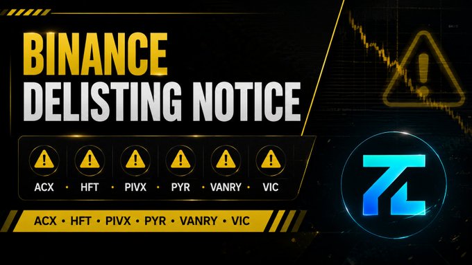 Finance delisting notice banner showing six warning symbols for tickers ACX, HFT, PIVX, PYR, VANRY, and VIC, with a stylized 'Z' logo on the right side against a dark background with a declining chart.