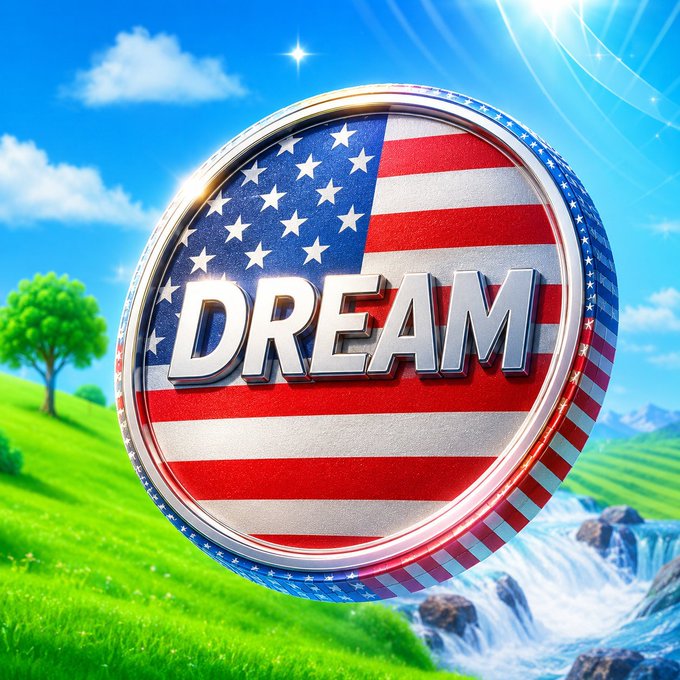 A stylized 3D badge with the American flag background and the word 'DREAM' in bold silver letters, set against a bright landscape with sky, trees, and a waterfall.