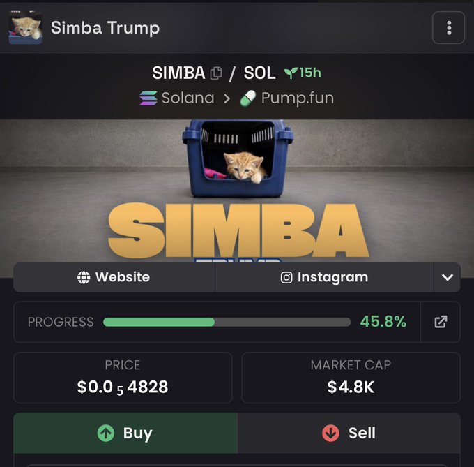 A screenshot of a "Simba Trump" memecoin trading page on Pump.fun (Solana network), showing SIMBA/SOL at 15h old with 45.8% progress, a price of $0.0₅4828, and a market cap of $4.8K, alongside a cat in a pet carrier image. This appears to be a promotional post encouraging engagement and resharing to drop wallet addresses for receiving free tokens.