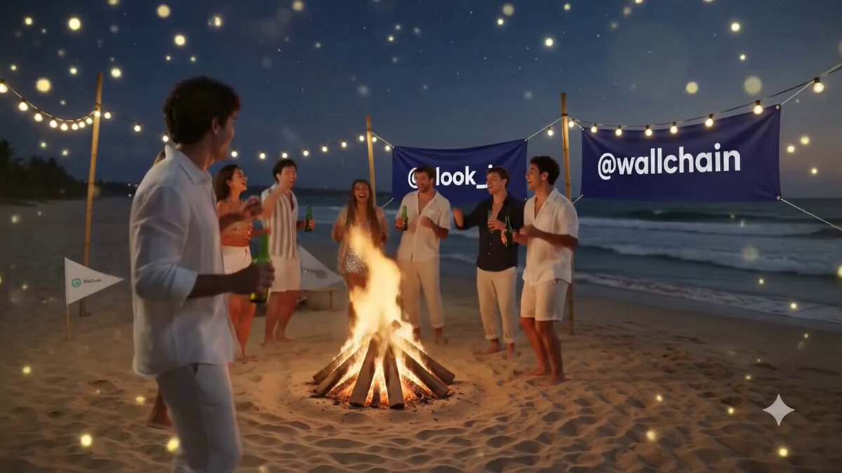The image shows a group of people gathered around a campfire on a beach at night, enjoying each other's company. There are several individuals standing close together, with some holding drinks or bottles. The scene appears to be set for a party or social gathering. In the background, there is a banner that reads "@wallchain" and "Good Night CT It's late and I should be sleeping but I've been thinking about @wallchain again. I really believed in this AttentionFi project that measures real influence with X Score and rewards quality content through Quacks". The image seems to be promoting or referencing the "@wallchain" platform, which is a social media platform designed for users to share and discover new content based on their interests.