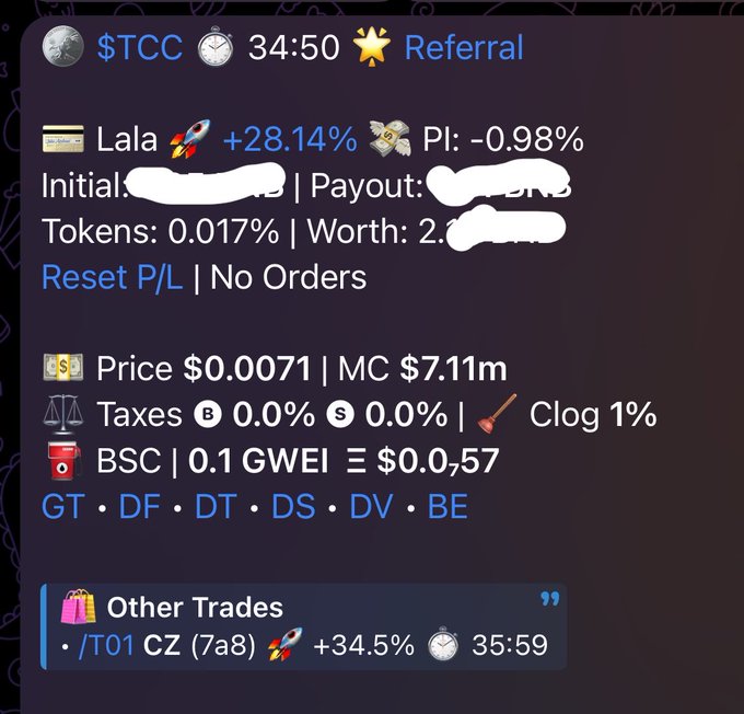 A screenshot of a cryptocurrency trading interface shows a token named 'Lala' with a +28.14% increase, a price of $0.0071, a market cap of $7.11M, and other trading metrics.