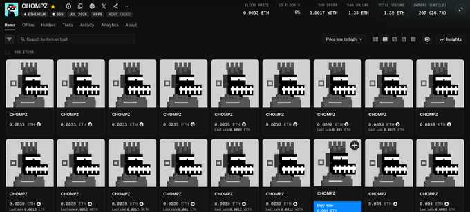 The image shows a NFT collection called "CHOMPZ" with 890 items on a marketplace, displaying pixelated gray creature-like artworks all priced around 0.0033 ETH. The "Buy now" option visible at 0.004 ETH relates to the post, where the user is excitedly discussing purchasing CHOMPZ NFTs at 0.0012 ETH before the price jumped to its current floor of 0.0033 ETH, reflecting their good fortune in buying early.