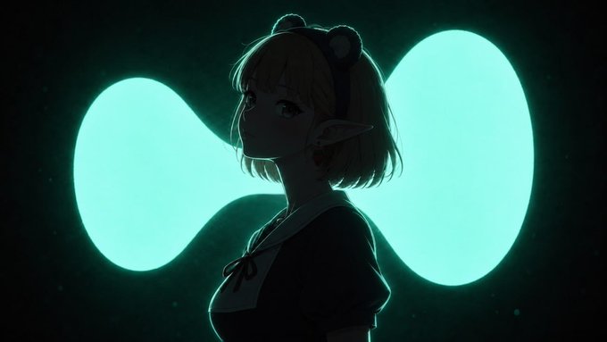 An anime girl with elf-like ears and bear ear accessories stands silhouetted against a glowing teal propeller-shaped background, evoking the "kSoon™" meme's aesthetic of mysterious anticipation. The dreamy lighting and anime art style complement the whimsical, soon-to-arrive vibe suggested by the caption.