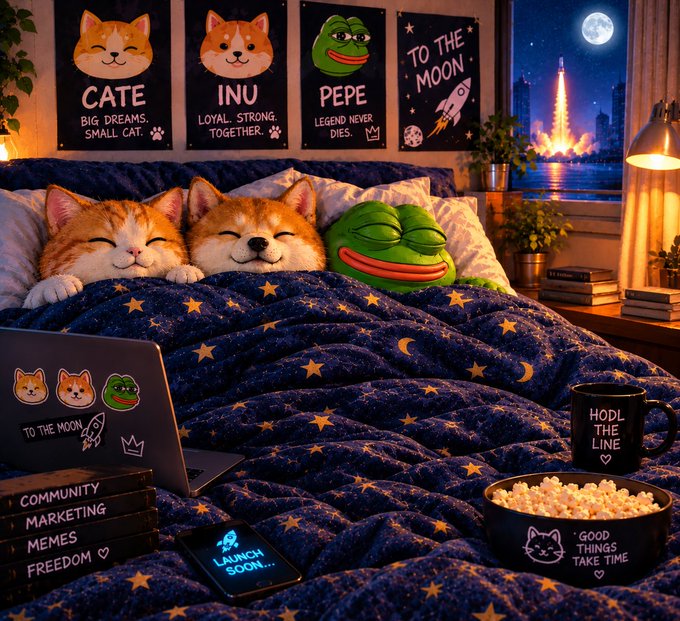 An AI-generated illustration showing a cat, dog, and Pepe frog tucked into bed together under a starry blanket, with meme-themed posters on the wall and items like a laptop and books around them.