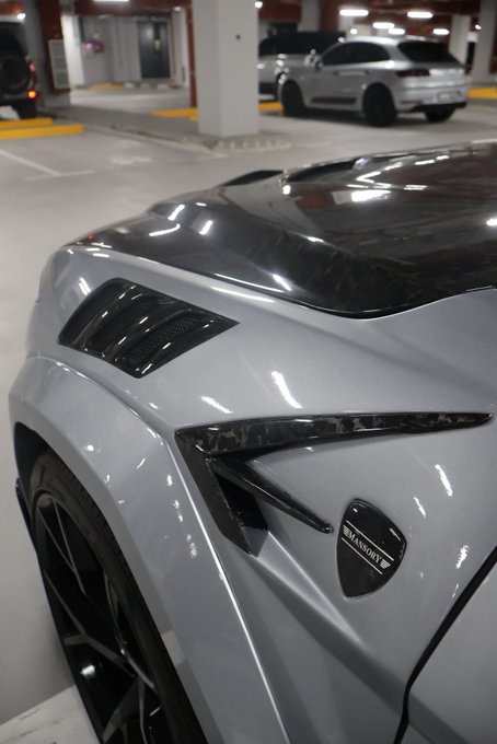 A close-up of a gray sports car's front fender showcases a "MANSORY" badge, highlighting the luxury tuning brand, posted with a casual "GN everyone" greeting. The image appears to be a showcase of high-end automotive craftsmanship in a parking garage setting.
