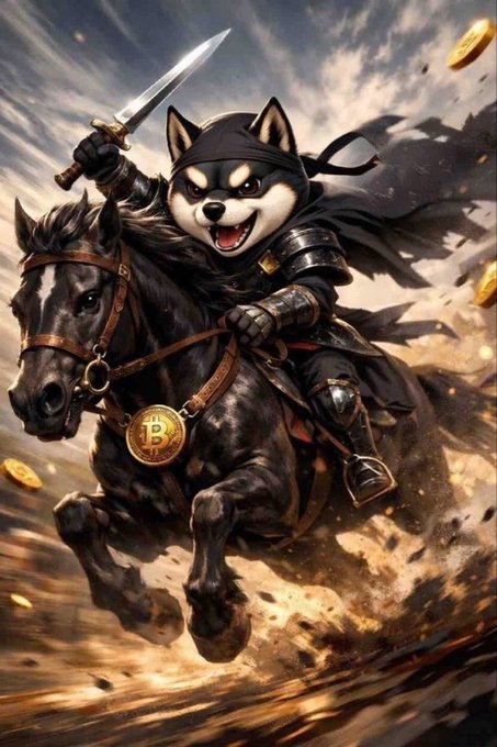 The image features a black and white illustration of a dog riding a horse, with a sword in its mouth. The background shows a sky filled with clouds, adding depth to the scene. The caption above the image reads "It Might Not Happen Today, But I Can’t Imagine A World Where Bitcoin Is Above A Million Dollars And $MANU Isn't Above A Billion Dollar Market Cap." This suggests that the artist is making a statement about the value of Bitcoin and its potential impact on the economy.