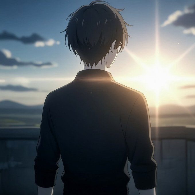An anime-style illustration shows a young man with dark hair viewed from behind, wearing a dark shirt and gazing at a bright sunset over a distant landscape.