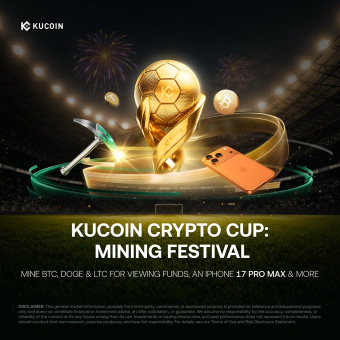 The image is a KuCoin promotional banner for the "KUCOIN CRYPTO CUP: MINING FESTIVAL," featuring a golden KuCoin-branded soccer trophy surrounded by a pickaxe, Bitcoin coin, and an orange iPhone 17 Pro Max, with subtext inviting users to "MINE BTC, DOGE & LTC FOR VIEWING FUNDS, AN iPHONE 17 PRO MAX & MORE."

The banner ties into the post by visually promoting the cloud mining event, where users deploy rigs to earn crypto prizes—like the iPhone 17 Pro Max and viewing funds—while a loyalty bonus of 60 USDT awaits returning historic miners.