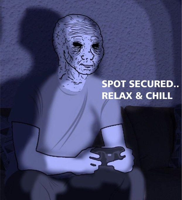 A blue-tinted illustration of the "Wojak" character holding a game controller with text reading "SPOT SECURED.. RELAX & CHILL." The image reflects the post's message of taking a moment to relax after contributing to the @cancore_io ecosystem and securing one's spot in its journey.