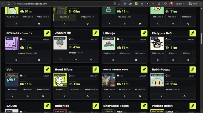 The image shows the neverfuckingtrade.com website displaying a dashboard of various NFT collections minting, with listings like "JACON RH," "LiINinja," "Platypus INC," and "Hood Mfers" each with their respective mint times (e.g., 6h 41m, 6h 56m) and quantities (888 LEFT, 1335 LEFT, 1999 LEFT). The site serves as a tracking tool for monitoring daily NFT mints, as referenced in the post.