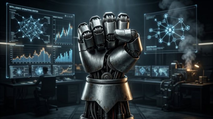 A robotic hand rises defiantly in a high-tech operations center, surrounded by screens displaying data analytics and charts, with "SCAN-INDEX >> SHEET 001 of 005 <<" visible in the header. The imagery of a mechanized fist amid intelligence dashboards visually reinforces the post's theme of private, curated signal networks triumphing over noisy public feeds in Web3.