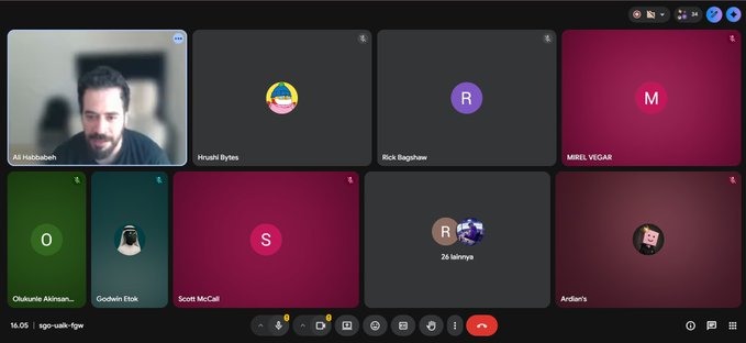 The image shows a screenshot of an online meeting with nine participants displayed on a computer screen, arranged in a grid format. Each participant has a name and profile picture attached to their profile page. The participants' names are listed from left to right across multiple rows, indicating that they are part of different teams or groups within the larger project.