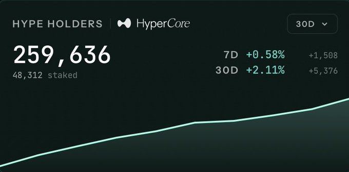 A dark-themed dashboard shows 'HYPE HOLDERS' with 'HyperCore' branding, displaying a count of 259,636 (48,312 staked), with 7D +0.58% (+1,508) and 30D +2.11% (+5,376) metrics alongside a teal line graph.