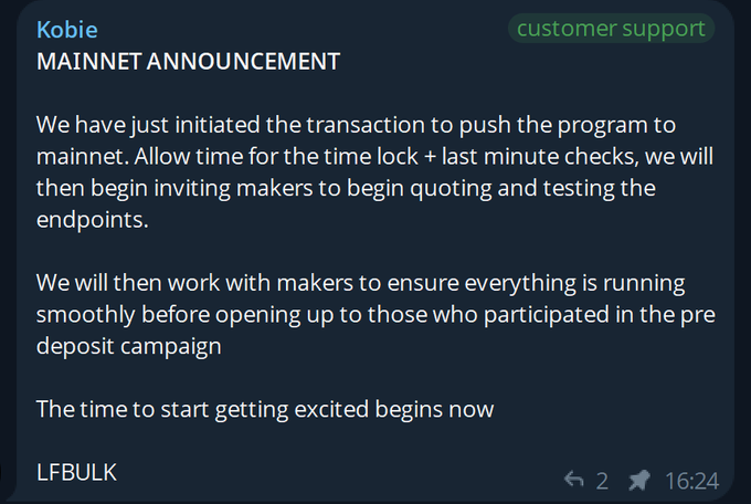 A Telegram announcement from Kobie in the customer support channel, titled "MAINNET ANNOUNCEMENT," states that the transaction to push the program to mainnet has been initiated, with time lock and last-minute checks underway before inviting makers to quote and test endpoints. The post relates to the image by highlighting BulkTrade's mainnet launch update, emphasizing that pre-deposit participants will get day-one access and that post-mainnet activity will begin earning aura soon.