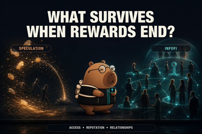 An illustration of a bear-like character with glasses between two contrasting scenes labeled 'SPECULATION' (gold coins) and 'INFOFI' (network of people), under the heading 'WHAT SURVIVES WHEN REWARDS END?'