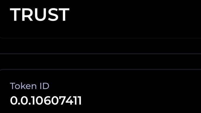 A screenshot of a token page displaying "TRUST" with the Token ID "0.0.10607411" shown below. The image complements the post by providing the specific Token ID needed for users to add the $TRUST token to their wallets in preparation for upcoming staking reward airdrop distributions.