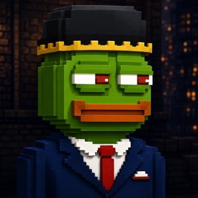 A voxel-style pixel art illustration shows a green Pepe frog character dressed as a wealthy businessman in a navy suit, red tie, and black cap with gold trim, set against a nighttime cityscape background. The image serves as the mascot for the @pepe2Hood crypto giveaway, depicting Pepe as a "hood" figure to match the token's branding.