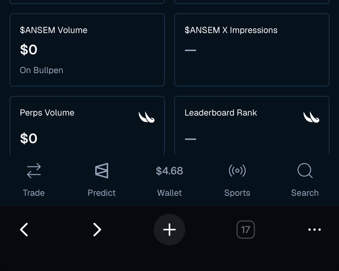 The image shows a dashboard on BullpenFi with $0 ANSEM Volume "On Bullpen" and no X Impressions recorded, alongside a $4.68 wallet balance. This directly illustrates the user's complaint that their $ANSEM impressions are not being tracked despite posting on the platform.