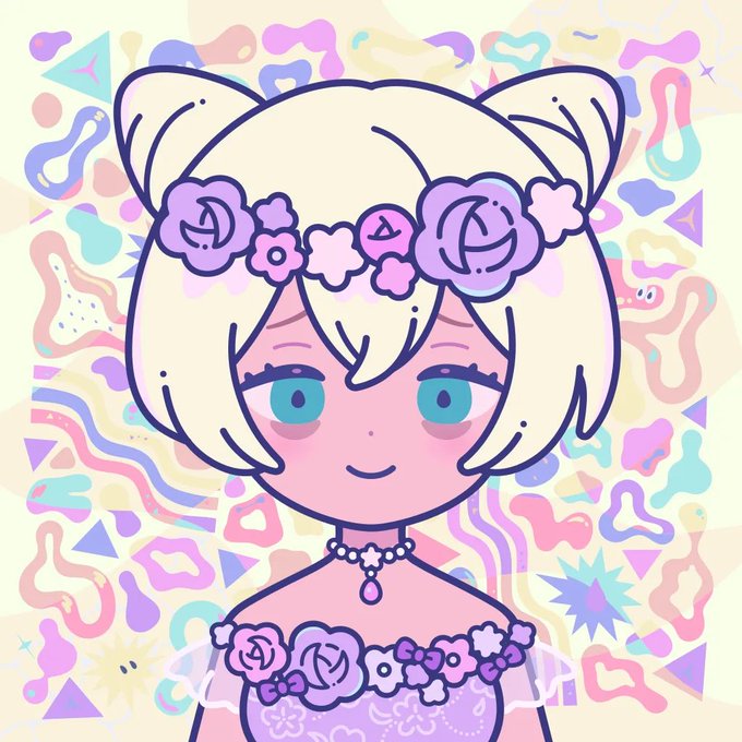 An illustration of a blonde anime-style girl with cat ears wearing a flower crown and matching floral dress against a colorful pastel background.