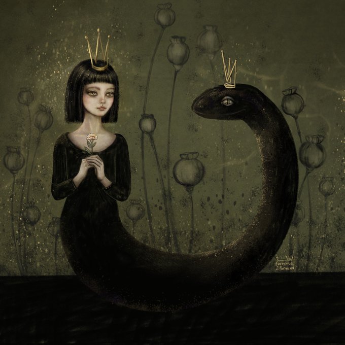 A dark, surreal digital painting depicts a pale girl with a black bob haircut and a golden crown, holding a small yellow flower, whose lower body transforms into a long, coiling black serpent also crowned in gold, set against a muted olive-green background of poppy seed pods. The image is signed "Farashi @Farashinkz" in the lower right and visually represents "Sahmaran," the legendary snake-woman creature being auctioned on the OBJKT platform.