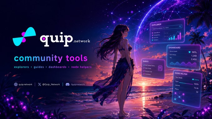 The image features a cartoon girl standing on a beach next to the ocean with a sunset backdrop, surrounded by palm trees. There is an overlay of various information about Quip network and community tools with different colored squares that represent different aspects related to these topics such as exploration software, dashboard, roles, helpdesk, testing, development, and distribution tools. The girl appears to be using the community tools from a Quip network, emphasizing the importance and relevance of these tools in daily life.