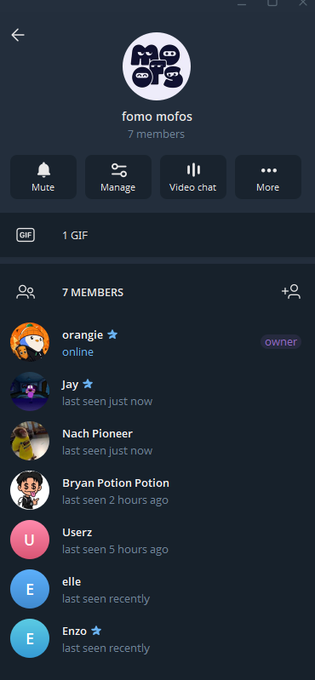A Telegram group named "fomo mofos" with 7 members, including owner "orangie" and users like Jay, Nach Pioneer, Bryan Potion Potion, Userz, elle, and Enzo, with several marked as online or recently seen. The screenshot shows the group interface with options for Mute, Manage, Video chat, and More, aligning with the post's call to grow an active crypto chat community.