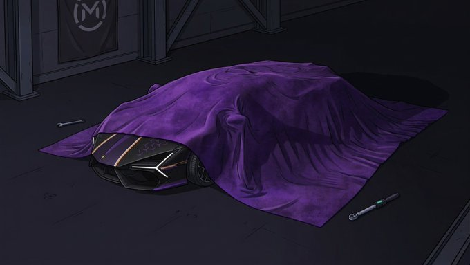 An illustration of a sports car partially covered by a purple sheet in a dimly lit garage, with tools scattered nearby and an 'M' logo banner on the wall.