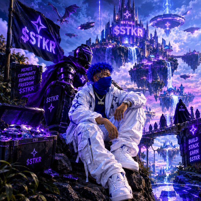 A promotional graphic for the '$STKR' token features a masked figure in white streetwear sitting beside a dark knight, with banners reading 'MEMES COMMUNITY REWARDS FREEDOM $STKR' against a fantasy castle backdrop.