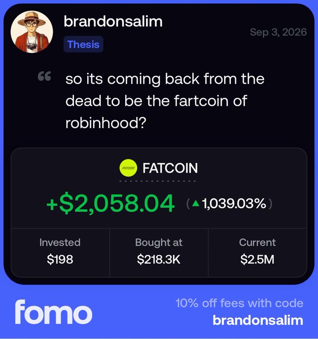 A user named "brandonsalim" with a "Thesis" badge shares a social media post jokingly asking if FATCOIN is "coming back from the dead to be the fartcoin of robinhood," paired with an image showing a staggering +$2,058.04 (+1,039.03%) gain on a $198 investment that grew to $2.5M—triumphantly responding to a "Challenge accepted" with an absurdly successful crypto comeback.