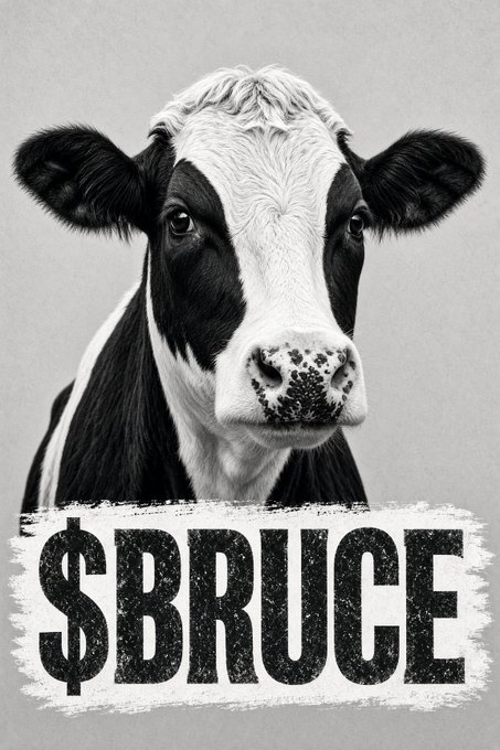 A black and white photo of a Holstein cow with the text '$BRUCE' displayed in bold distressed lettering below.